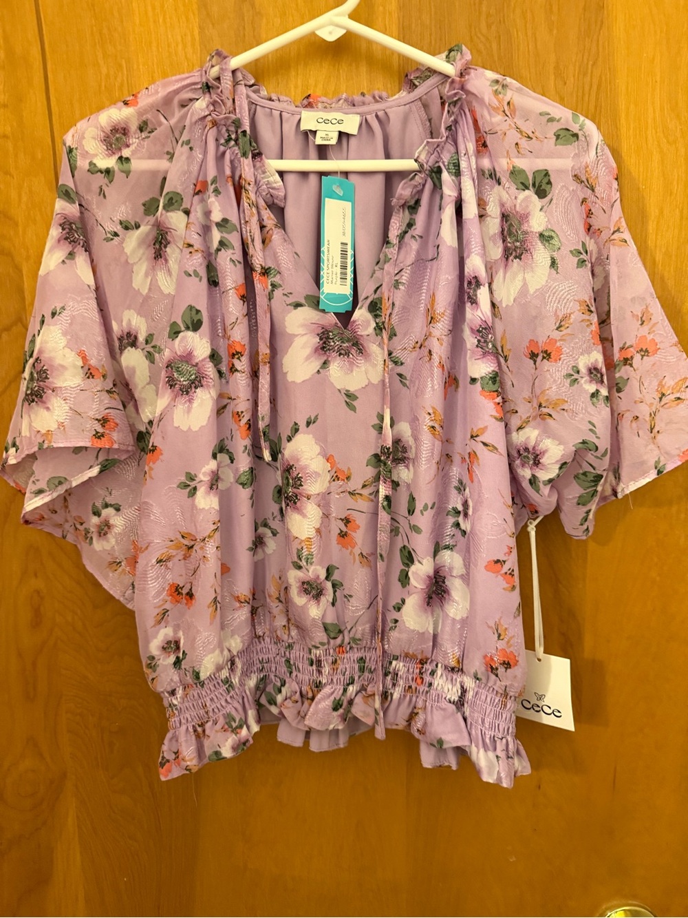 CeCe Lavender Floral Ruffle-Neck Smocked Waist Blouse